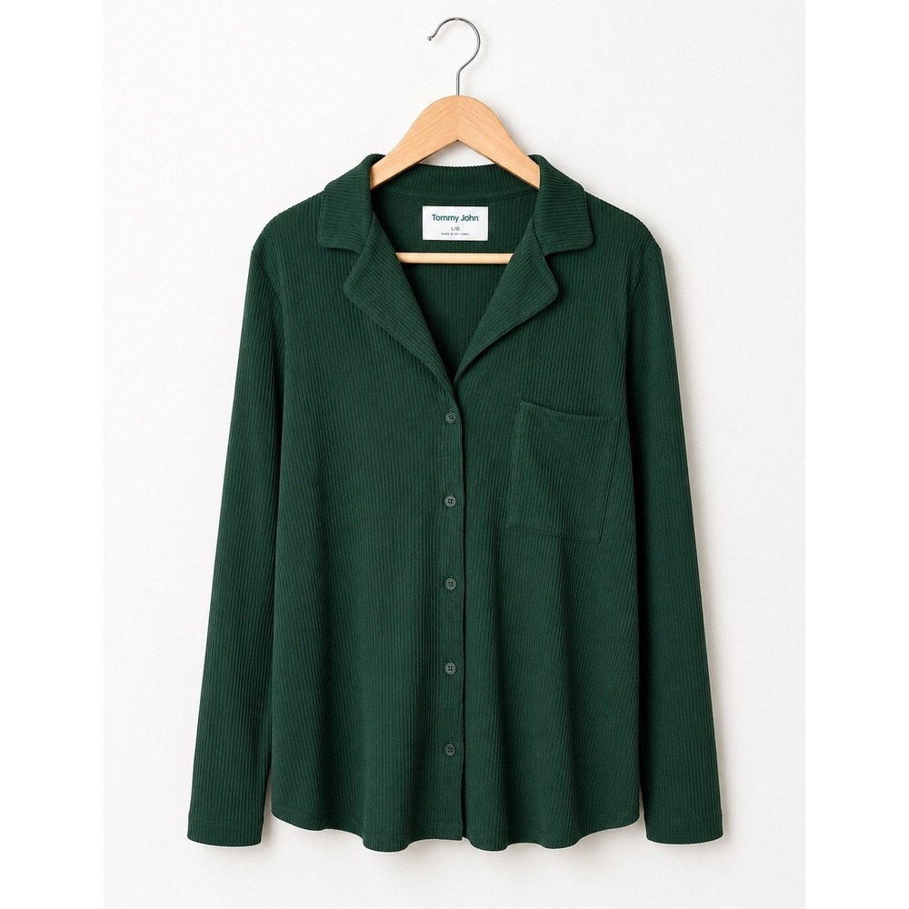 Tommy John Pajama Top Women Large Green Ribbed Knit Long Sleeve Button Up Lounge